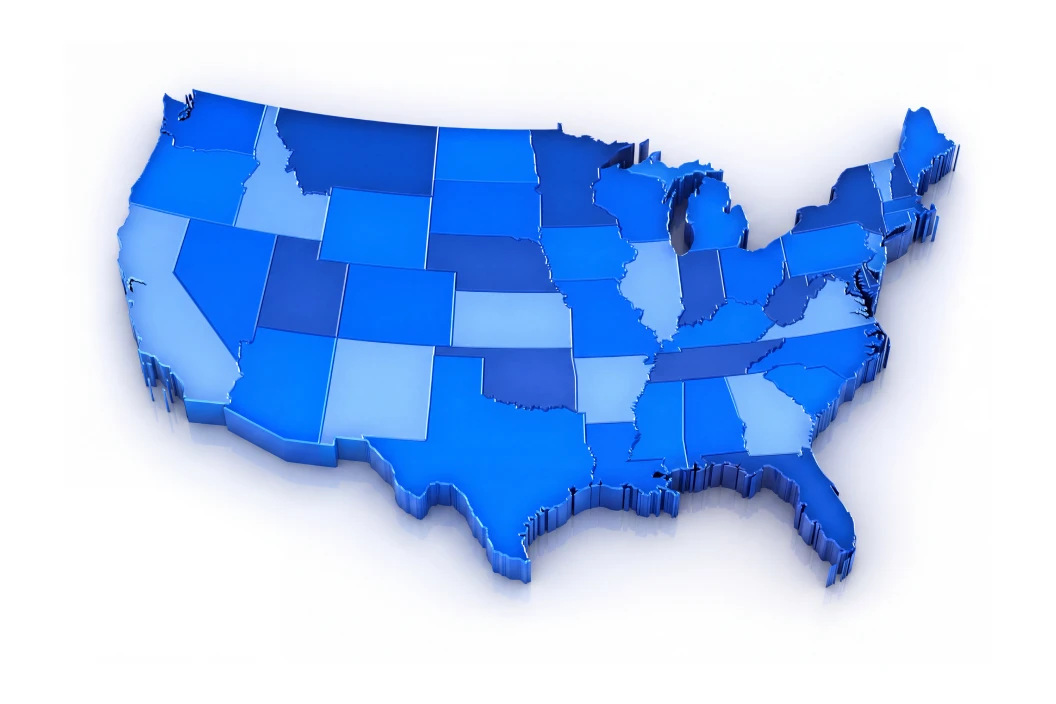 3D rendered map of the United States with individual states raised and shaded in varying tones of blue, on a white background.